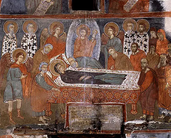 Τοιχογραφία με παράσταση της Κοίμησης της Θεοτόκου, 1410, Ασκηταριό Παναγίας Ελεούσας, Μεγάλη Πρέσπα